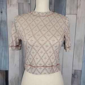Free People Geometric Short Sleeve Mock Neck Crop Top Tan Red size Medium